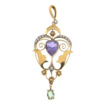 Edwardian 9ct gold gem-set drop pendant