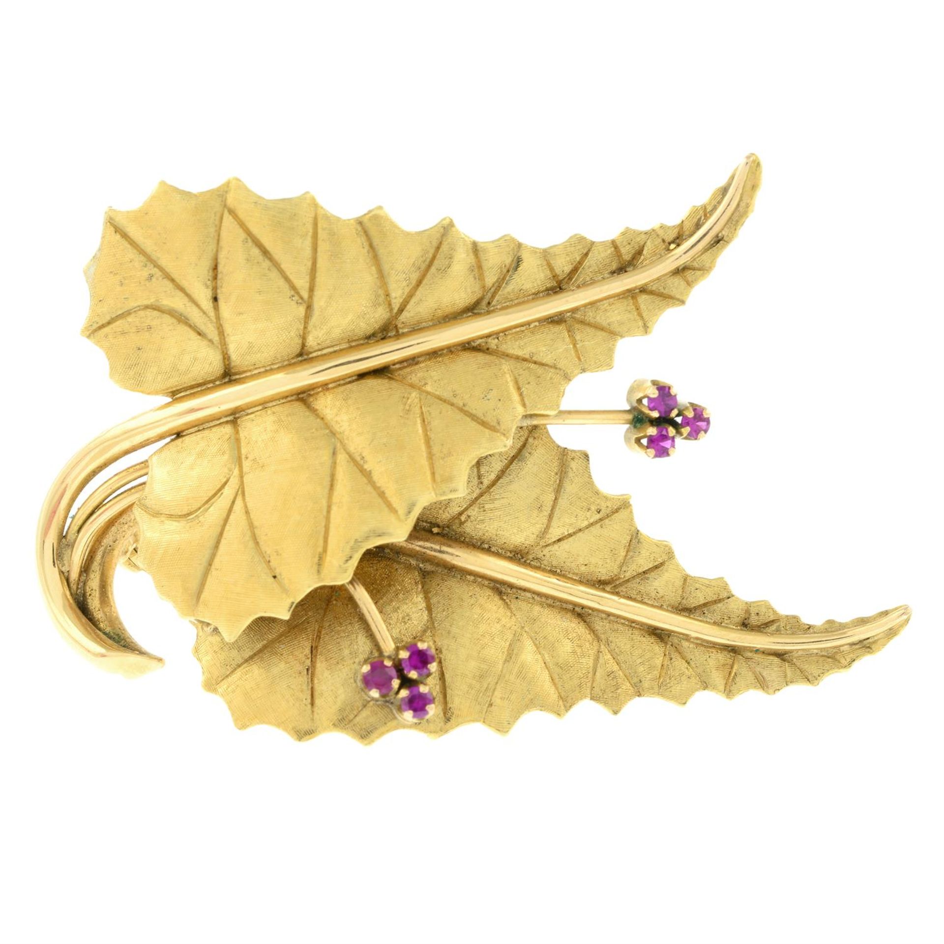 Double leaf brooch, with synthetic ruby detail.