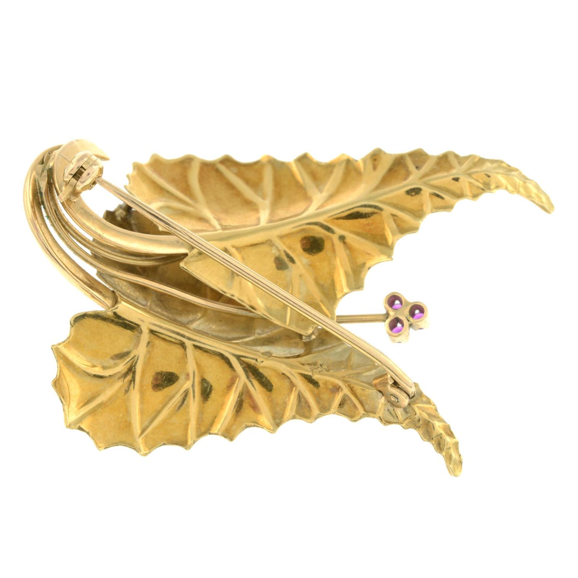 Double leaf brooch, with synthetic ruby detail. - Image 2 of 2