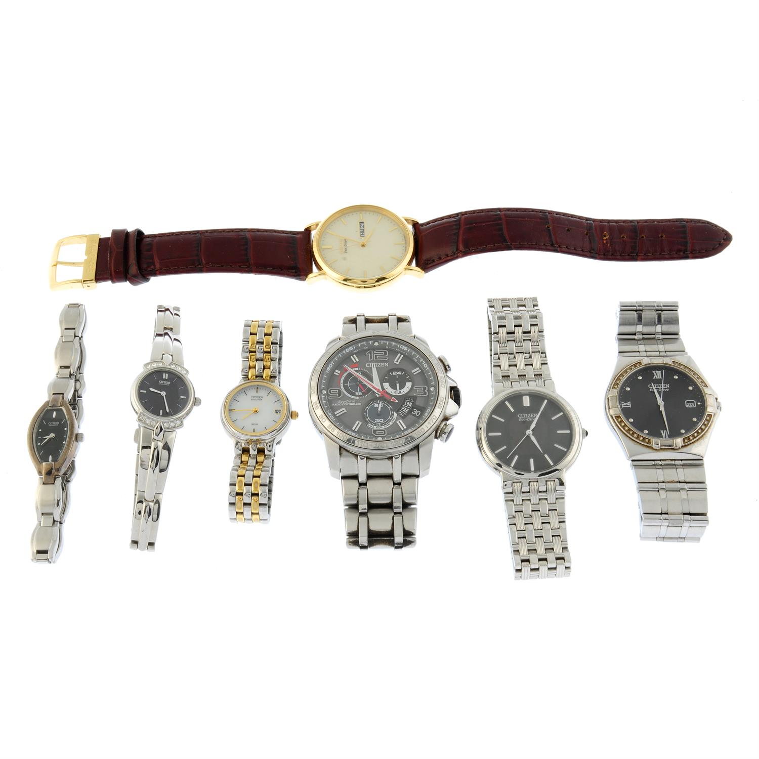 A group of seven Citizen watches.