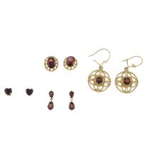 Four pairs of garnet earrings