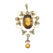 Early 20th century citrine & split pearl pendant/brooch