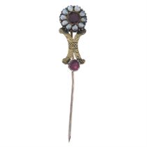 Georgian red gem & split pearl stickpin