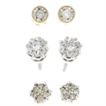 Three pairs diamond earrings