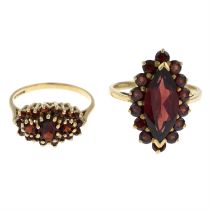 Two 9ct gold garnet cluster rings