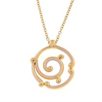 18ct gold pink enamel 'Rococo' pendant, on chain, by Fabergé