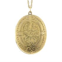 Late Victorian gold locket, with floral and foliate engraving, with later chain