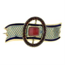19th century enamel sentimental brooch, with garnet buckle