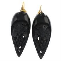 Carved jet drop earring, each depicting a bunch of grapes
