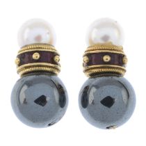 Cultured pearl, hematite & enamel earrings