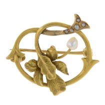 Art Nouveau gold split & seed pearl brooch