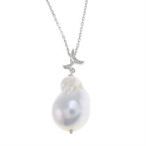 18ct gold baroque cultured pearl & diamond pendant, with chain