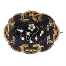 Victorian split pearl enamel mourning brooch