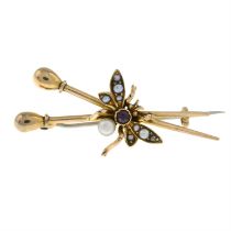 Victorian gold split pearl, pearl & ruby winged insect brooch