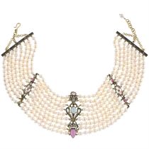 Gem-set and cultured pearl necklace