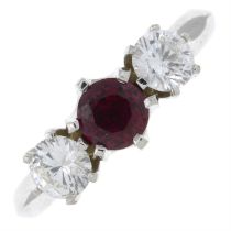 18ct gold synthetic ruby & diamond three-stone ring