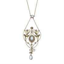Edwardian 9ct gold aquamarine & split pearl pendant necklace