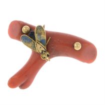 Victorian gold coral winged insect brooch
