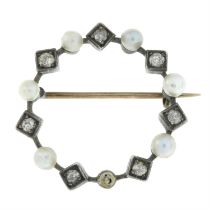 Victorian diamond & cultured pearl brooch