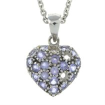Purple gem heart-shape pendant, with diamond accent, with 18ct gold chain.