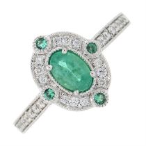 18ct gold emerald & diamond ring, with diamond shoulders