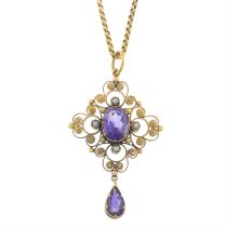 Victorian amethyst & split pearl pendant & chain