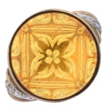9ct gold carved amber & diamond ring