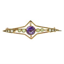 An early 20th century 9ct gold amethyst, peridot & split pearl by Murrle Bennett & Co