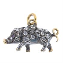 Early 20th diamond pig charm, with ruby eyes