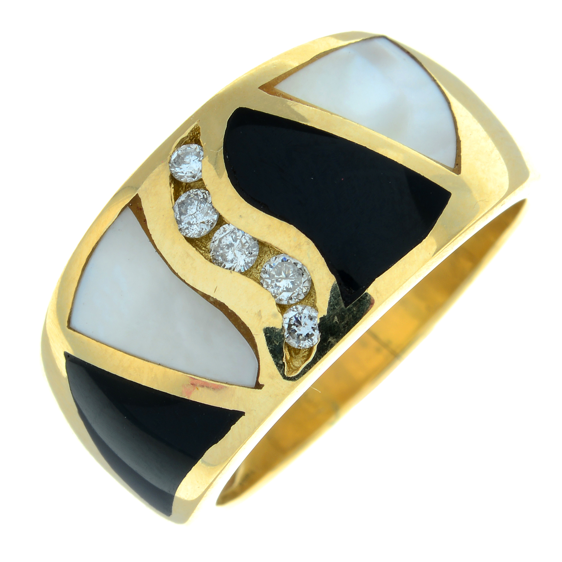 A 14ct gold mother-of-pearl, enamel and brilliant-cut diamond ring.