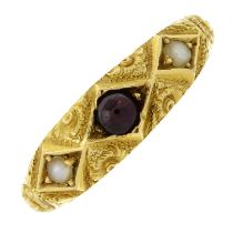 Mid Victorian 18ct gold garnet & split pearl ring