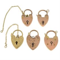 Five early to mid 20th century 9ct gold heart-shape padlock clasps