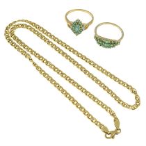 Fancy-link chain & two 9ct gold emerald rings