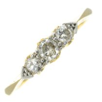An early to mid 20th century 18ct gold brilliant-cut diamond three-stone ring.