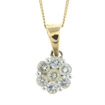 A 9ct gold brilliant-cut diamond floral cluster pendant, with chain.