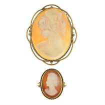 Two pieces of 9ct gold cameo jewellery.