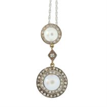 Edwardian silver and gold cultured pearl and single-cut diamond pendant, with later 18ct gold chain.