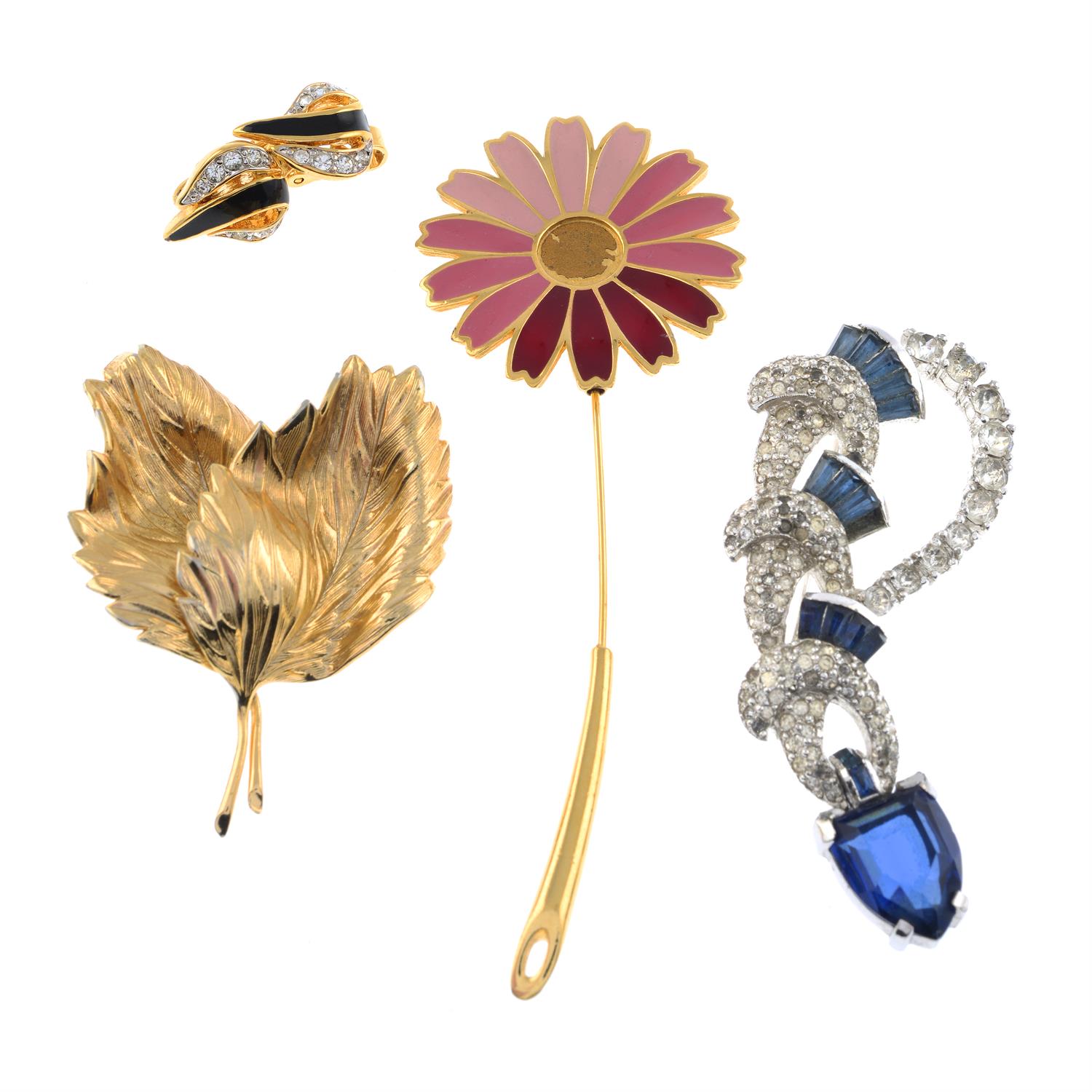 Collection of mixed designers - three brooches and one pair of clip-on earrings.
