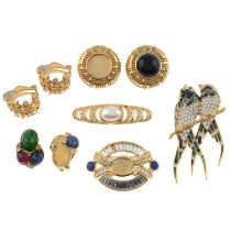 Collection of mixed designers - three brooches and three pairs of clip-on earrings.