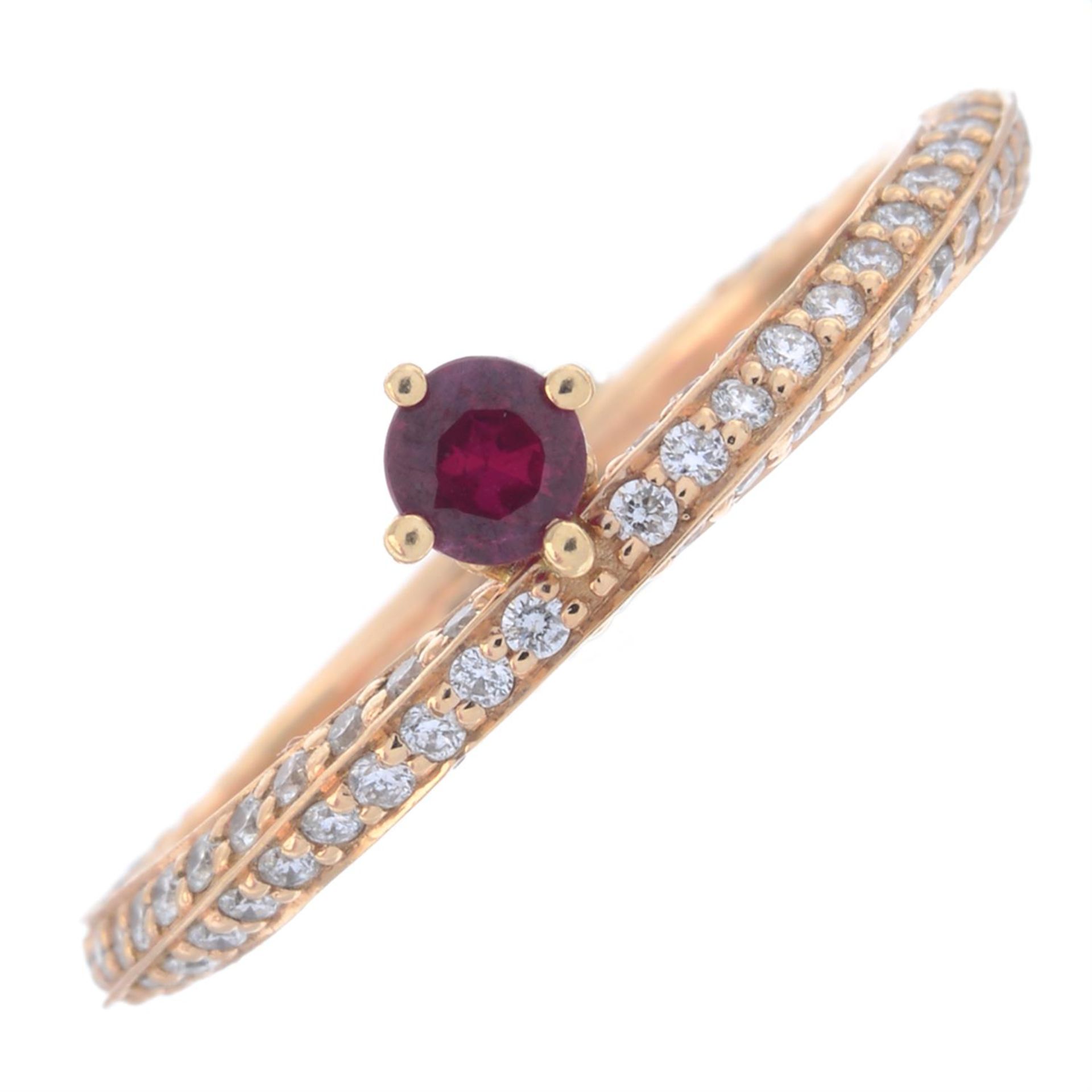 18ct gold diamond band ring, with synthetic ruby highlight