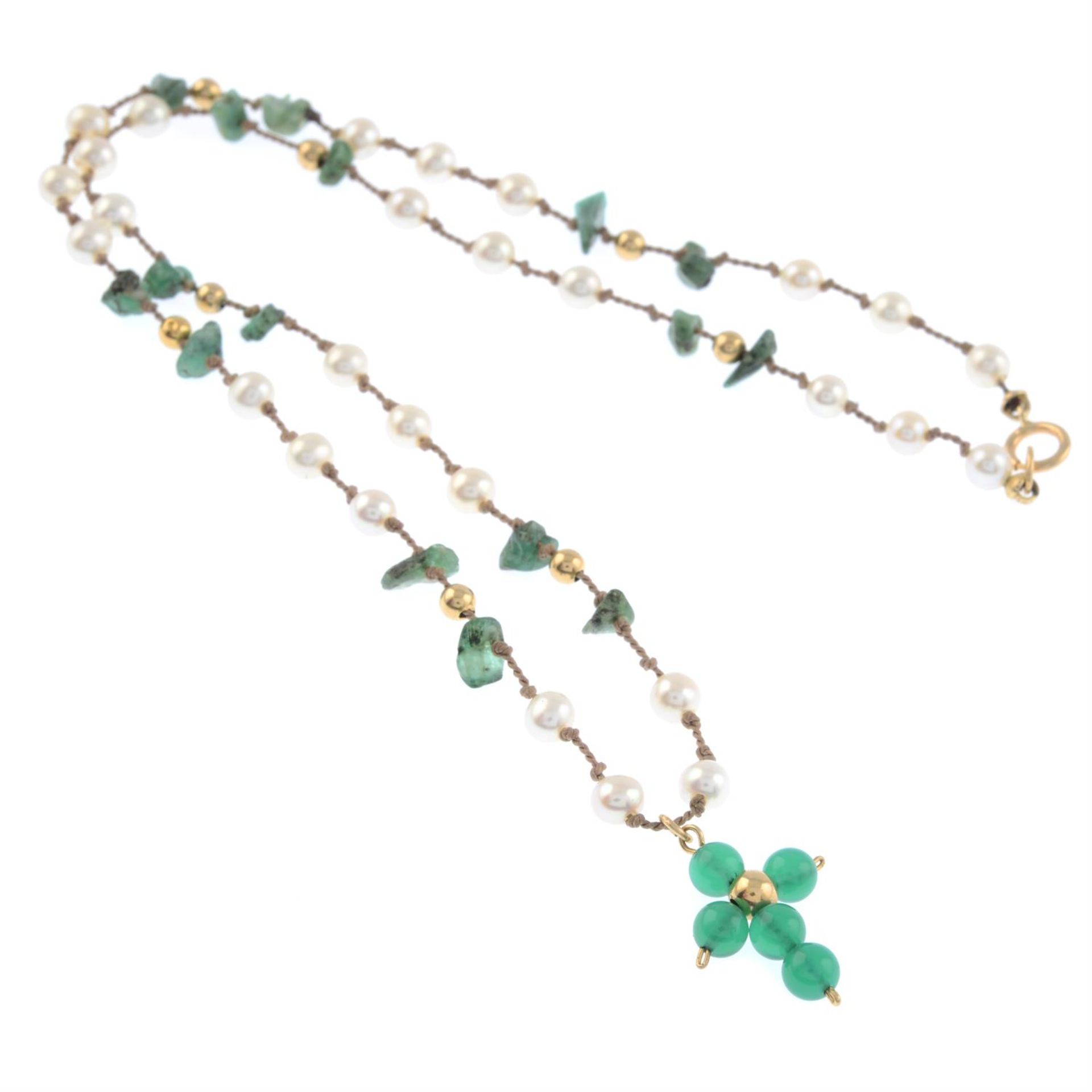 Emerald, cultured pearl & chrysoprase cross pendant necklace - Image 2 of 2