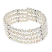 Cultured pearl four-row bangle