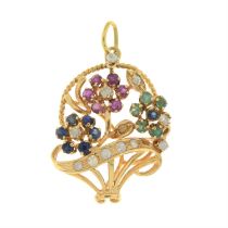 Ruby, emerald, sapphire & diamond floral basket pendant