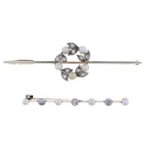 Two cultured pearl & diamond brooches