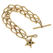 9ct gold two-row bracelet, suspending a gem-set star charm, converted from an early 20th century