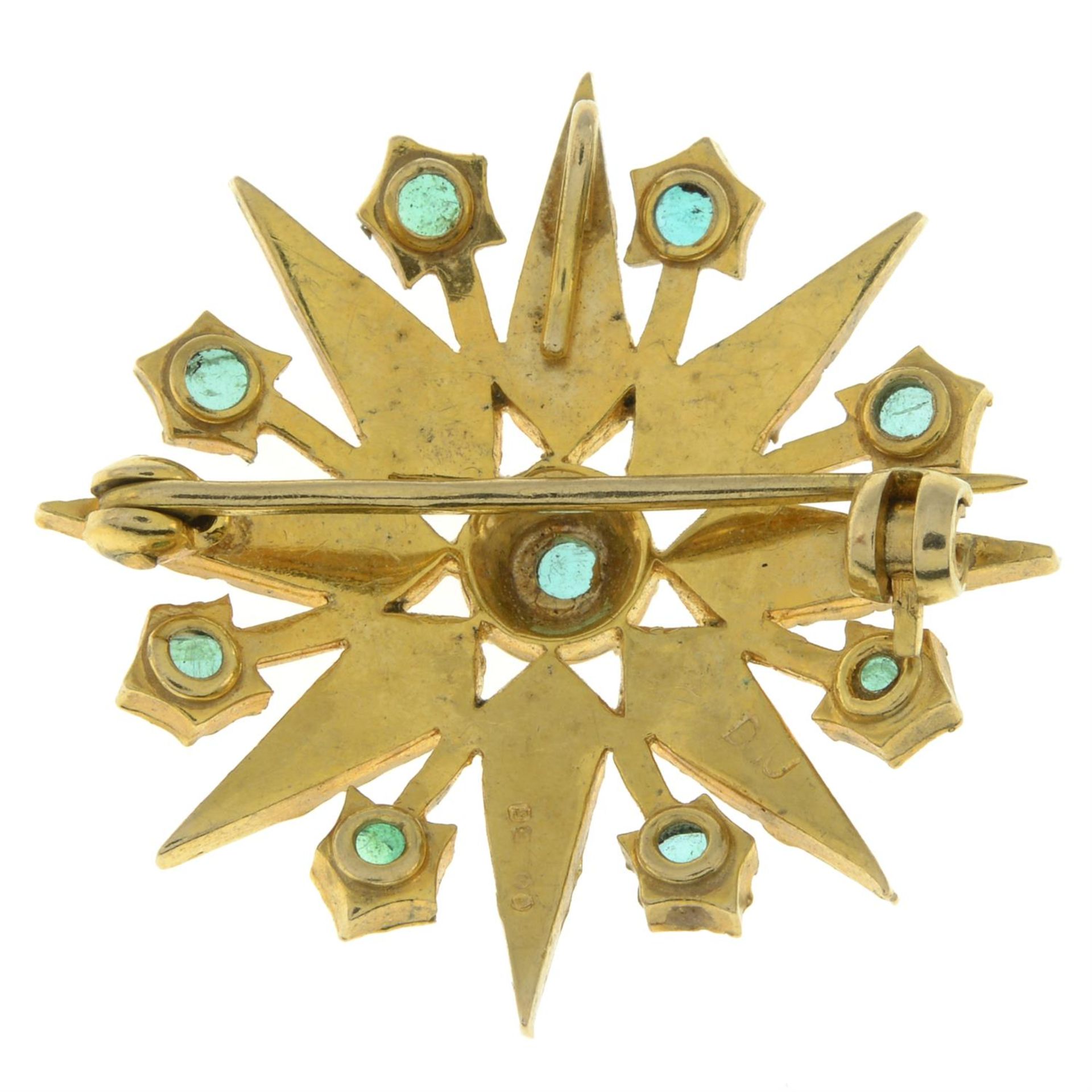 9ct gold emerald & split pearl starburst brooch - Image 2 of 2