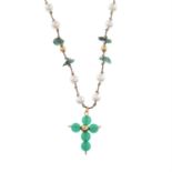 Emerald, cultured pearl & chrysoprase cross pendant necklace