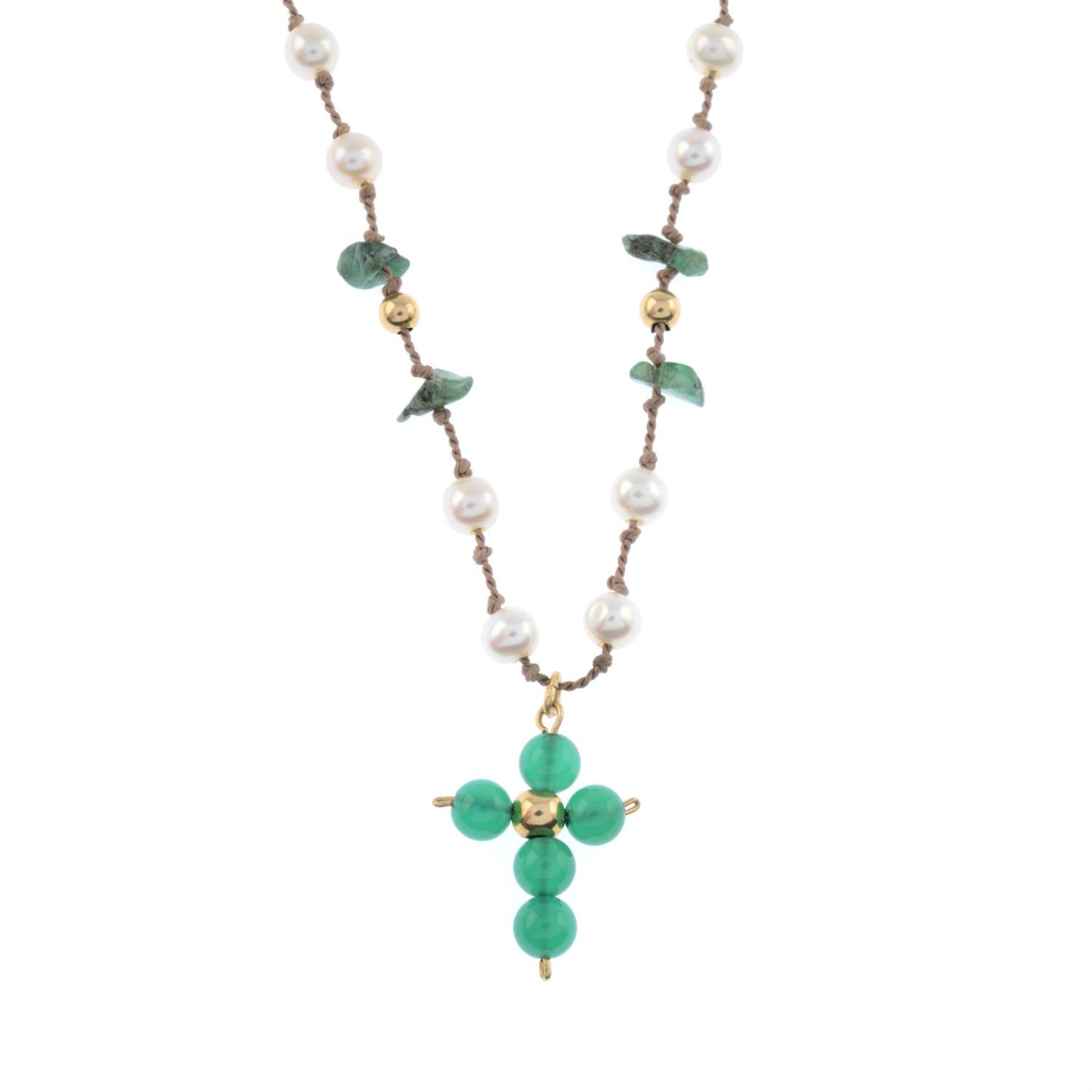 Emerald, cultured pearl & chrysoprase cross pendant necklace