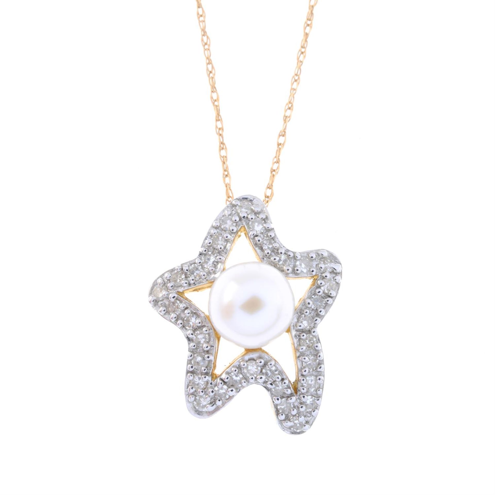 Cultured pearl & diamond star pendant, with chain