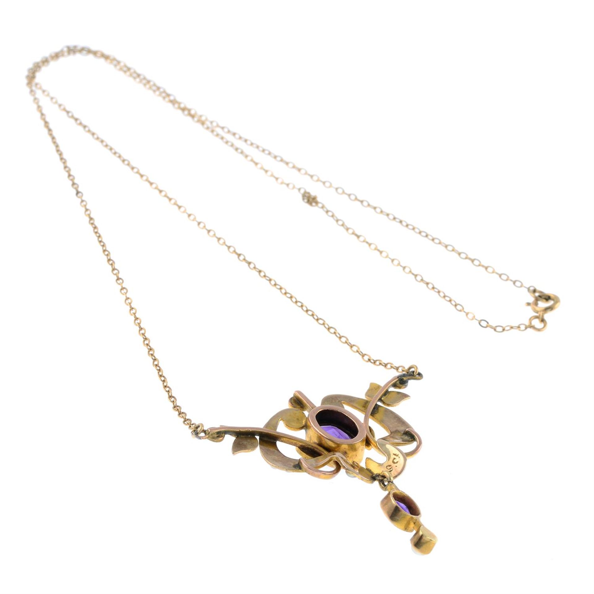 Edwardian 9ct gold amethyst & split pearl pendant necklace - Image 2 of 2